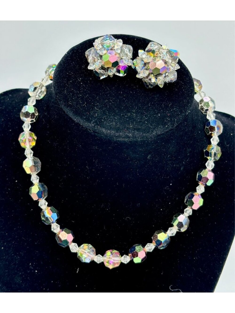 1950s Aurora Borealis Faceted Crystal Necklace Earrings Ensemble